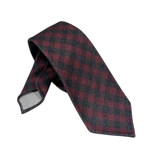 Kiton Brushed Cashmere Silk Plaid Hand Rolled Red Made in Italy Tie - Picture 1 of 7